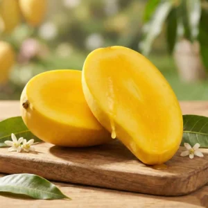 resh yellow Sindhri mango sliced open to show juicy pulp.