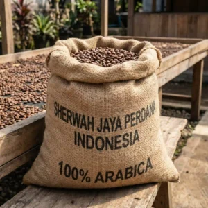 Sack of raw green coffee beans imported from Indonesia.