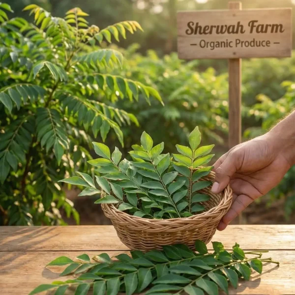 Hand holding a wicker basket filled with freshly harvested organic curry leaves at Sherwah Farm plantation.