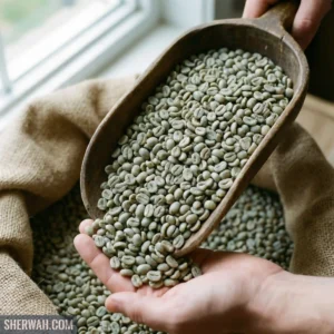 Raw green coffee beans Indonesian Arabica Mandheling.