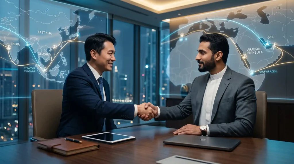 A professional photograph of two international businessmen, Asian and Middle Eastern, in a modern high-rise office at night, sharing a confident handshake over a conference table. In the background, a futuristic holographic world map is projected, detailing trade routes and connections between Asian markets (India, East Asia, SE Asia, Strait of Malacca) and Middle Eastern regions (Arabian Peninsula, GCC, Gulf of Aden).
