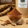 High-quality Indonesian clove powder in a glass jar, surrounded by culinary props, on a rustic surface.