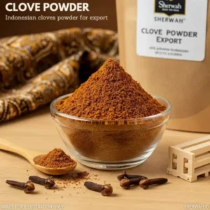 High-quality Indonesian clove powder in a glass jar, surrounded by culinary props, on a rustic surface.