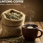 Close-up of vibrant green Lintong coffee beans, ready for roasting. Title: