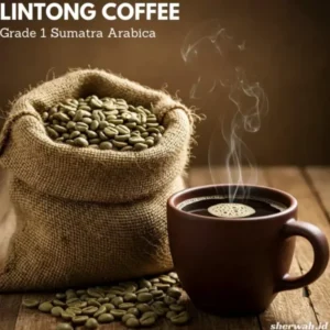 Close-up of vibrant green Lintong coffee beans, ready for roasting. Title: