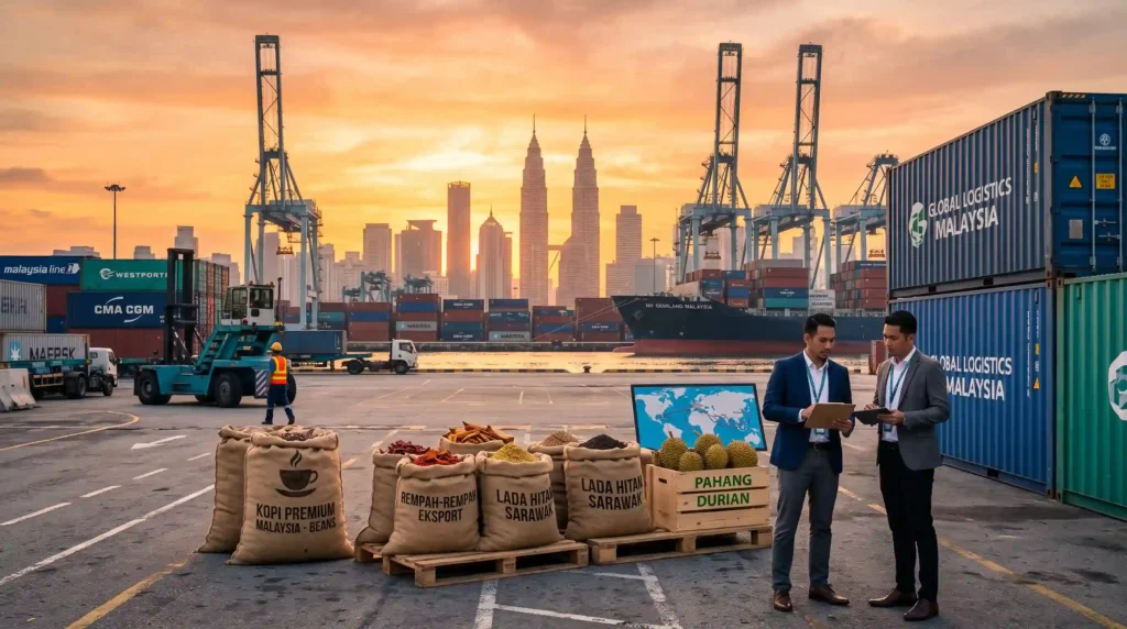 A cinematic, ultra-realistic image of Malaysian international trade. Burlap sacks of coffee beans and spices sit in the foreground of a busy container port with cranes. Two professionals review data, with the Kuala Lumpur skyline and Petronas Towers visible against a warm sunrise in the background, symbolizing global B2B connection.