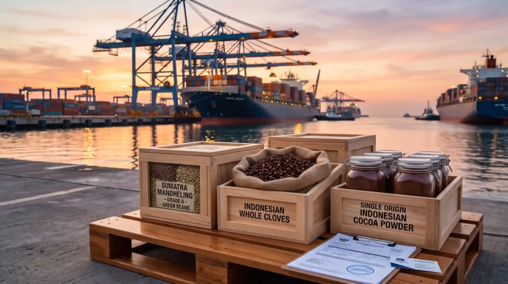 A wooden shipping pallet at a port at sunrise displaying crates of Sumatra Mandheling Grade A green coffee beans, a burlap sack of Indonesian whole cloves, and jars of single-origin Indonesian cocoa powder, alongside official export documents, with cargo ships and cranes in the background.